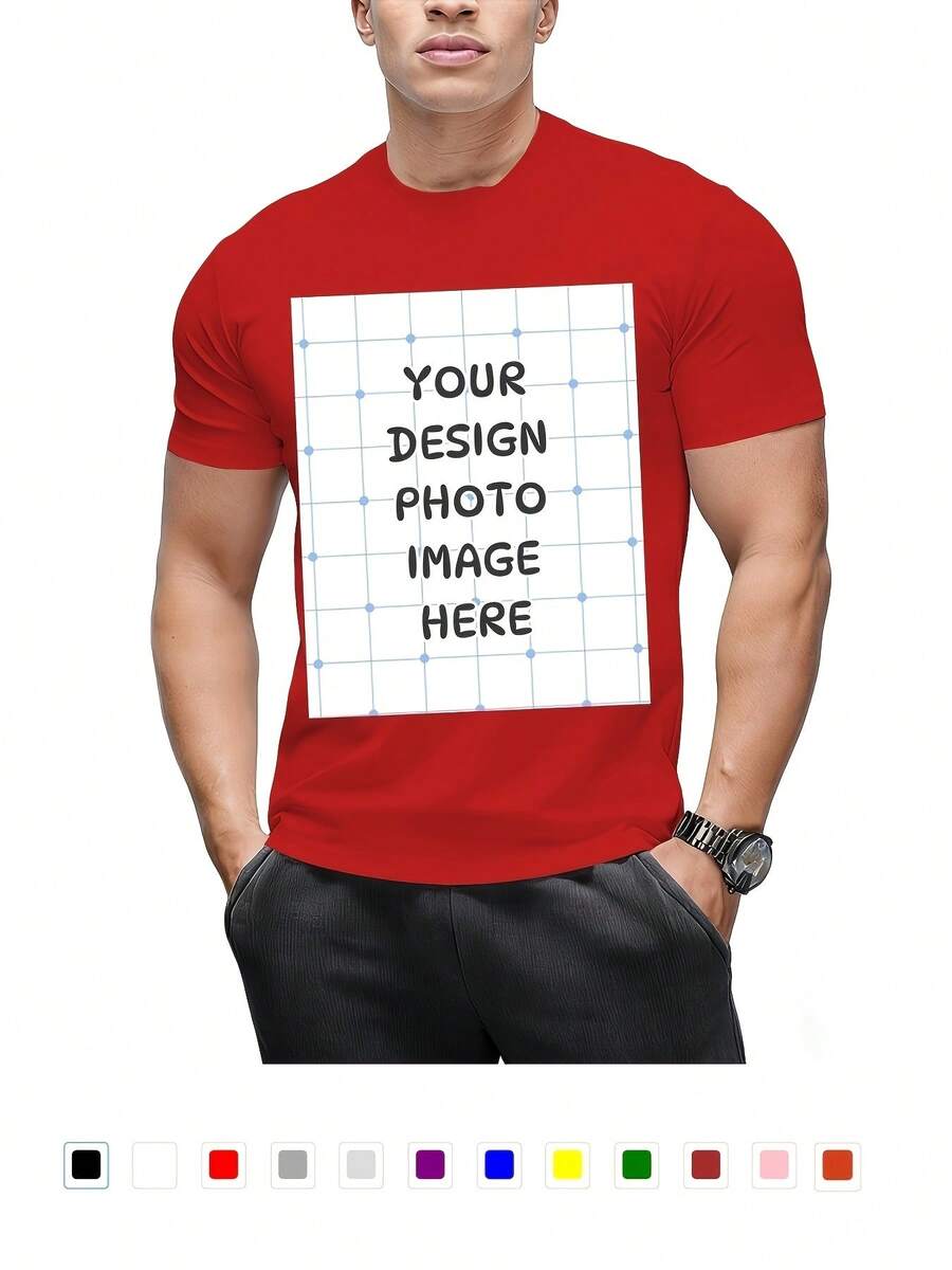 Oversized Custom T- Shirt 12 Colors Personalized Plus Size Tee Pure Cotton Tshirt- Add Your Image Photo Design- Men Women Adult Unisex Size- Solid Crew Neck Short Sleeve Tee Soft Comfortable Casual Workout Sportswear, PLUS SIZE - 紅色 - 查看 1