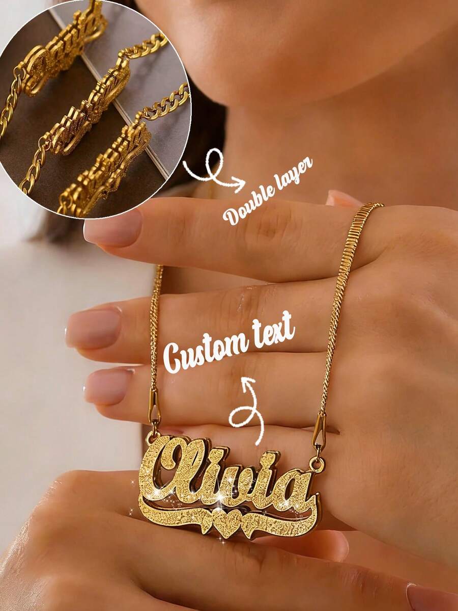 1件定制名字双层项链，不锈钢心形吊坠，3D闪亮奢华风格，适合情侣、家人、时尚人士佩戴，色彩缤纷，复古简约，男女皆宜，休闲可爱，可定制，个性化，独一无二，是送给他、她、女朋友、男朋友、爸爸、妈妈、家人、朋友的理想礼物。