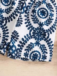 2pcs/Set - Baby Girl Summer Outfit, Blue & White Vintage Pattern 2-Piece Set, Tassel Camisole + Matching Shorts, Vacation Style Eye-Catching Cute Outfit - Blue - View 5