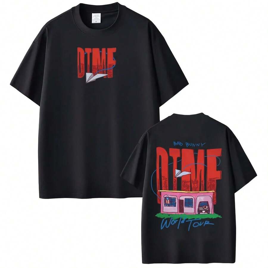 Singer Bad BunnyS DTMF World Tour 2026 Print T-Shirt Men Women Fashion Casual Short Sleeved T-Shirts - 黑色 - 查看 1