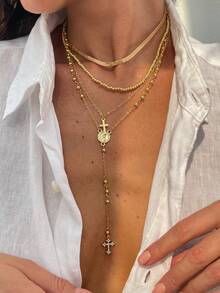 4pcs/Set Elegant Geometric Flat Snake Chain Faux Pearl Beaded Long Y-Shaped Tassel Rhinestone Cross Pendant Necklace, Luxurious Jewelry For Wedding, Party, Vacation, Daily Casual, Street Style, Women & Couples Gift - Necklace - View 3