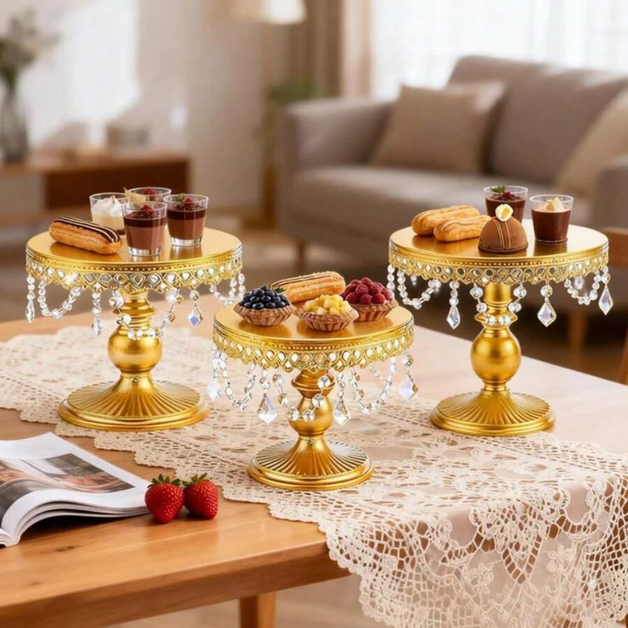 3Pcs Antique Cake Stand Set - Round Metal Cupcake Stands With Pendants And Beads - Elegant Dessert Display, For For Wedding, Birthday Party Decor - Gold - View 1