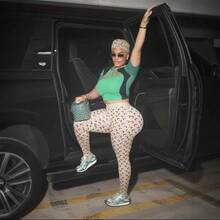 Eye Catching Youth Street Sports Hip-Hop Fashion Moon Print Design Elastic Slim Fit Sexy Base Top Pants Set Two-Piece Set For Women - Green - View 4