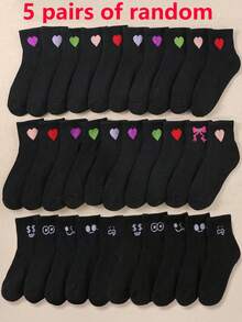 20双装心形刺绣儿童短袜 - 男女童休闲情人节袜子，黑色及其他颜色 - 黑色 - 查看 18