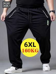 1pc Plus Size Men's Lightweight Breathable Straight Leg Sports Pants, Elastic Ice Silk Fabric, 6XL, With Zipper Pockets And Reflective Print, Suitable For Fitness, Running, Outdoor Activities, Daily Wear, Father's Gift, Men's Gift Black Spring - Black - View 2