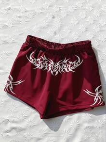 Women's Punk Goth Style Wine Red Shorts, Thorn Totem Print, Comfortable Casual, Street Style For Summer Daily Wear, Women's Elastic Waist Loose Sports Shorts - Red - View 1