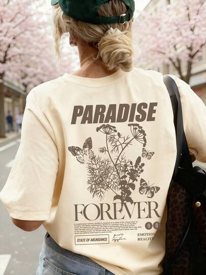 Damen Lose Retro Wald Schmetterling & Blumen Muster atmungsaktives Kurzarm T-Shirt, weich und elegant, geeignet für Frühlingsausflüge, Café-Besuche, Buchhandlungsbesuche, Pendeln und Treffen mit Freunden