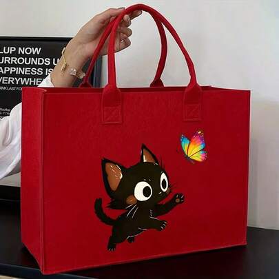 女士印花通勤日常包，纯色毛毡斜挎包，大容量手提包，便携大容量毛毡手提袋，耐用可折叠北欧风洗衣篮收纳袋，多功能书籍、衣物、玩具收纳购物袋，居家购物两用，妈妈手提袋