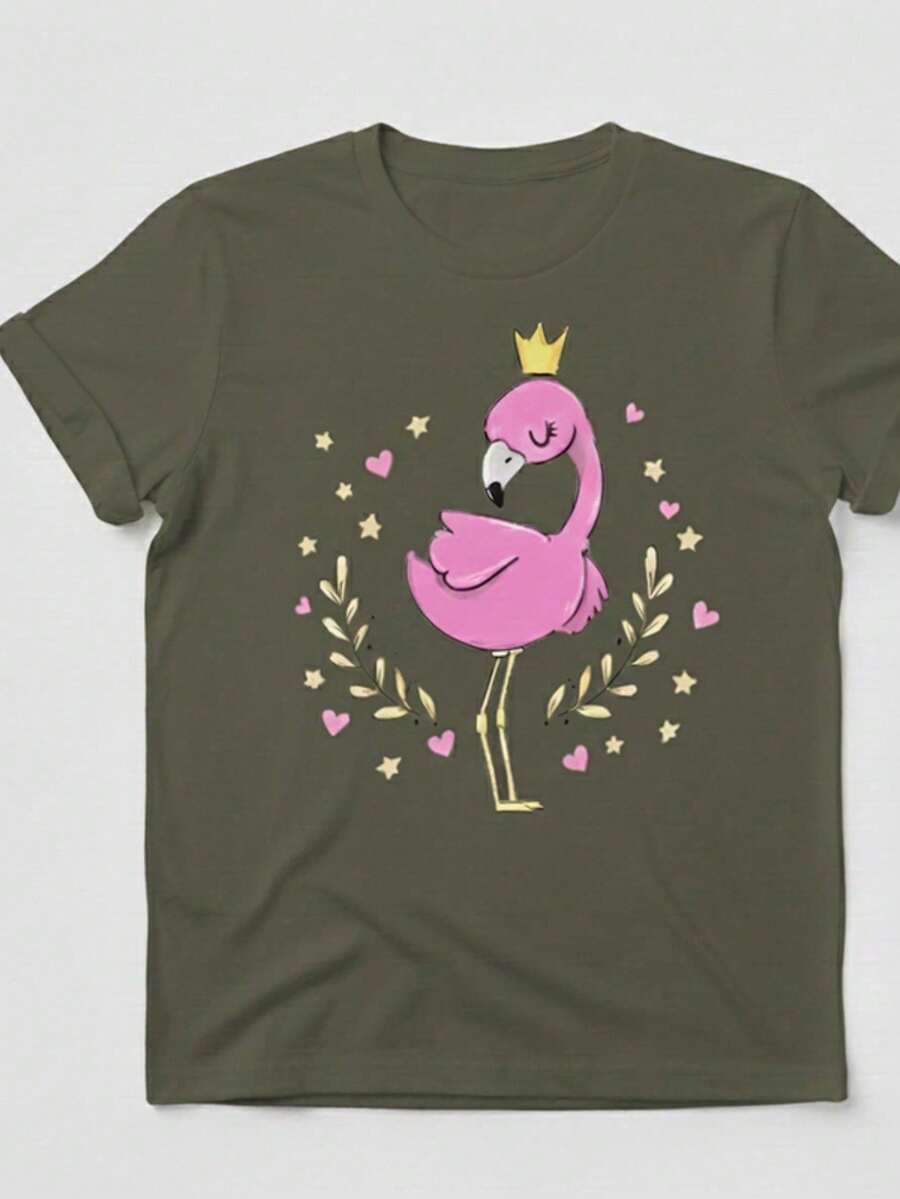 Stylish Women's T-Shirt With Flamingo And Crown Print - New Release - 100% Cotton T-Shirt - Loose, Oversized, Plus Size - GM MODAS - 軍綠色 - 查看 1