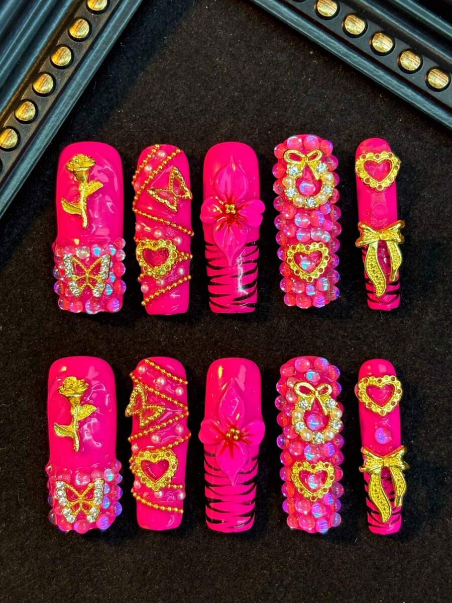 10pcs Y2K Sweet Cool Handmade Acrylic Press On Nails 1.3 Inch Medium Square, Hot Pink Gold Heart Butterfly Bling Decor, Reusable False Nails Quick Wear Easy Apply D090 - Màu Hồng Tươi - Xem 1