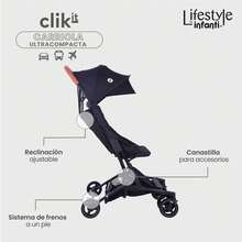 Carrriola Clik-it para bebé ultracompacta y ligera, plegable tipo equipaje de mano, reclinable, con arnés de 5 puntos, toldo con visera UV y asa de transporte, ideal para viajes y paseos urbanos - Negro - Ver 4