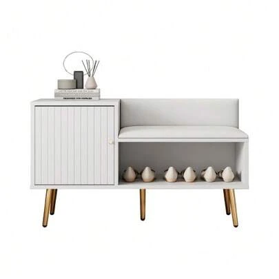 Modern Luxury Shoe Chest In White With Storage Space, Upholstered Bench And Backrest - Shoe Rack With Metal Handles And Metal Legs - Perfect For The Entryway - Dimensions: W100/D40/H58 Cm