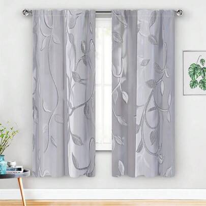 2pcs Classic Style Polyester Window Curtains, Silver Foil Floral Vine Pattern, Grommet Top, Noise Reducing, Thermal Insulated, With Multiple Sizes For Living Room Drapes