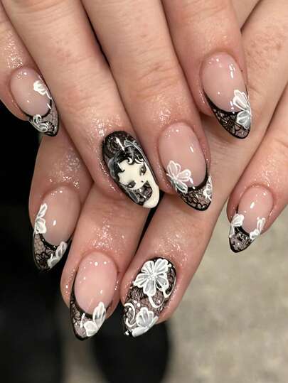 24pcs Medium Almond Shaped Ombre Black French Manicure Nail Stickers, With Black Lace & Cool Girl Design, Full Coverage Highlighter, Suitable For Y2K Style Fake Nails For Women & Girls