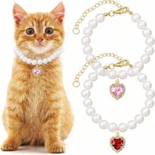 2pcs Faux Pearl Elegant Pet Collar With Heart Pendant, Adjustable British Style Necklace, Luxury Fashionable Versatile For Small/Medium/Large Dogs And Cats - Multicolor - View 14