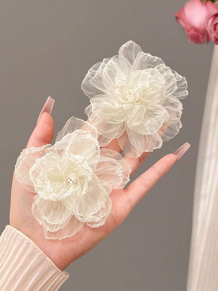 2pcs/1pc Women's Bohemian White Chiffon Floral Hair Clip, Elegant Minimalist Hair Accessory, Suitable For Daily, Casual, Party, Beach, Vacation, Hairstyling, Washing, Makeup, Outfit Decoration, Autumn/Winter/Spring/Summer,Festival,Birthday - Multicolor - View 1