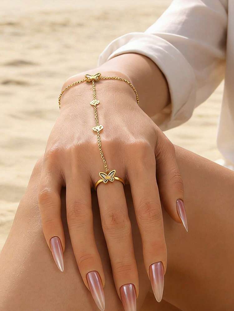 1Pc 18K Gold Plated Elegant Butterfly Finger Chain Bracelet, Women's Hand Stainless Steel Jewelry, For Valentines, Party, Gala, Daily, Dating, Mardi Gras, New Years, Wedding, Beach, Christmas Anniversary, Elegant Mom Gift Boho Jewelry Birthday Bridesmaid Gift - Multicolor - View 10