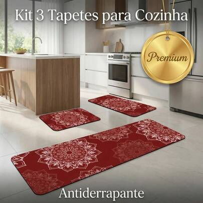 Kit de 3 Tapetes para Cozinha Antiderrapante Decorativos Emborrachado Floral Rubi Mandalas