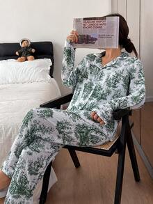 Dreamivo 两件套女士睡衣套装，采用立领设计，饰以星月、山水树木印花，中国风水墨画长袖上衣和长裤，适合春、秋、冬三季穿着。 - 綠色 - 查看 6