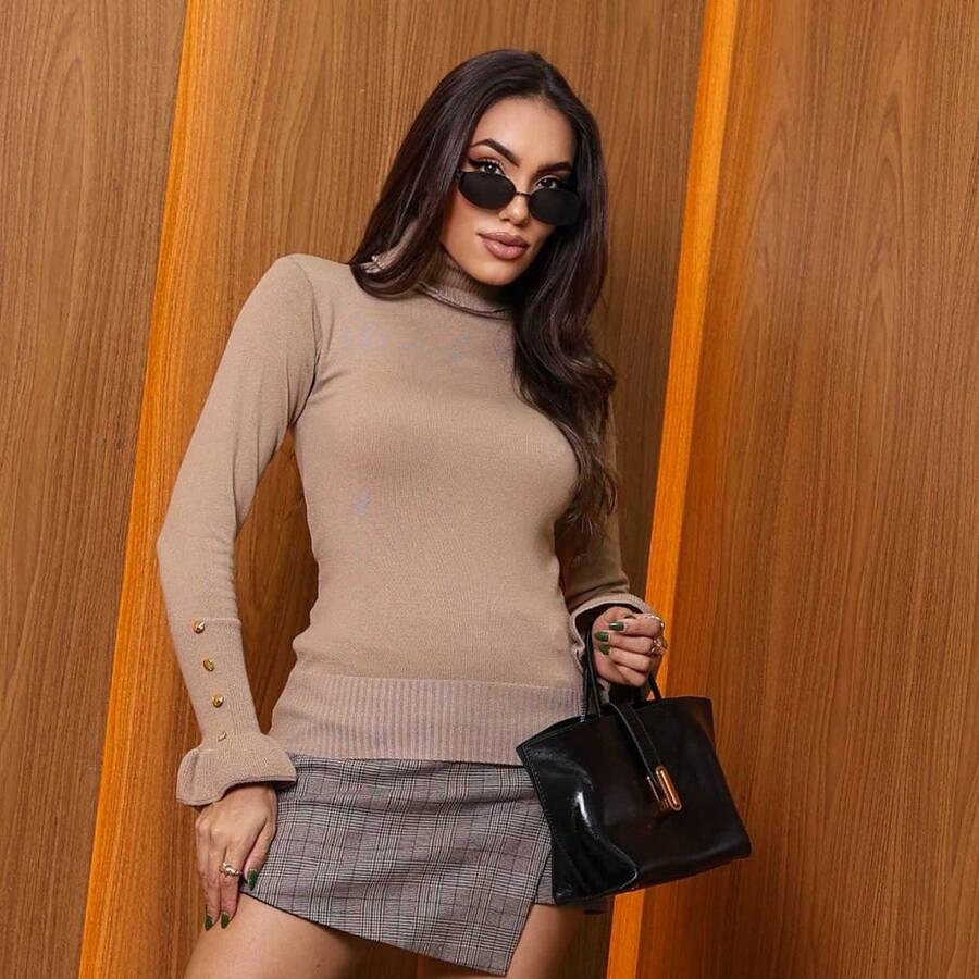 Women's Knit Blouse With Flare Sleeves And Button Detail - Beige - View 1