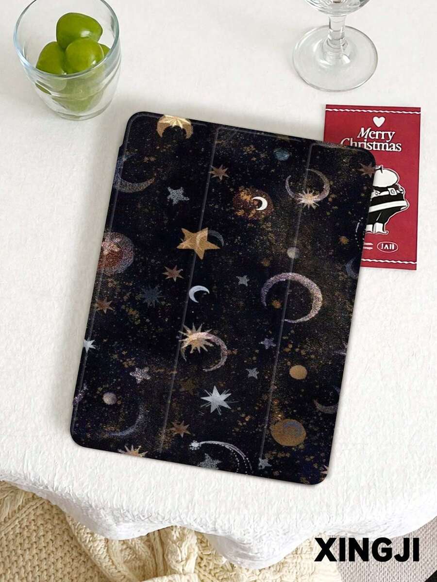 1pc Night Sky Star & Moon Pattern Flat Protective Case, Compatible With 10.2" 10th/ (A16) 11" 11th 2025, Pro 11" 2021/2020, Galaxy Tab A8 10.5" 2022, Matepad 10.4/Tab, With Pencil Slot, Anti-Drop, Tablet Stand, Auto Sleep/Wake, Ramadan - Multicolor - View 1