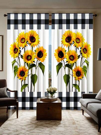 2 piezas Cortinas de dormitorio con diseño de girasol y cuadros blanco y negro semi-opacas, diseño sin taladro, con bolsillo para barra, cortinas de estilo campestre para sala de estar, cocina, adecuadas para decoración del hogar, decoración de habitaciones, división de la casa, material de poliéster, lavable a máquina y a mano