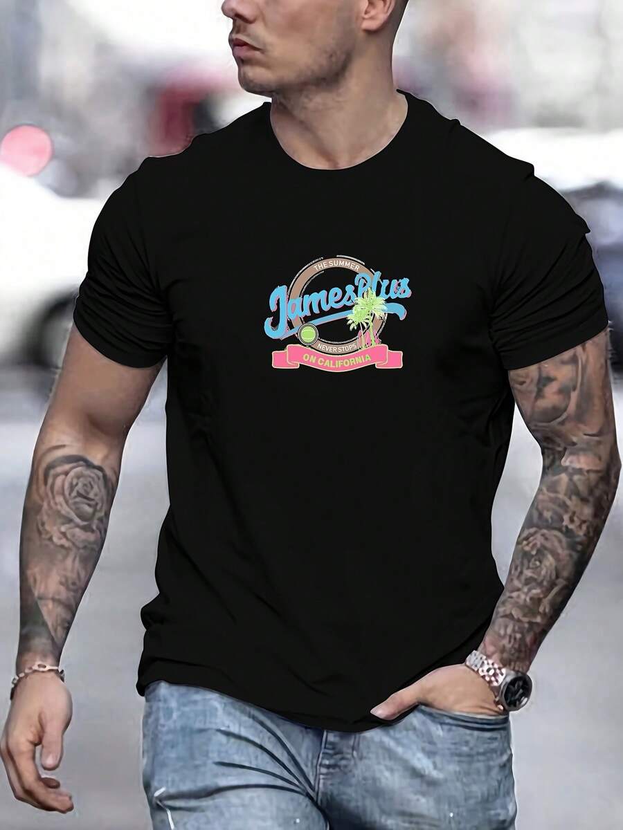 Camiseta de Algodón con Estampado Gráfico James Plus para Hombre - Camiseta Básica de Cuello Redondo 100% Algodón con Ligera Elasticidad. Color sólido. Top de punto casual de verano - Negro - Ver 1
