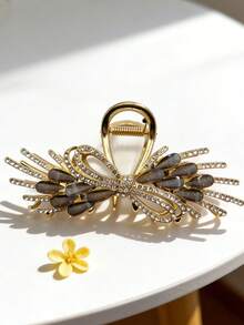 1 Pc High-End Black Gold Rhinestone Bow Hair Claw, Daily Commute Back Head Updo Clip, Volume Boost Tool, Luxury Elegant Versatile Hair Accessory - Black - View 2