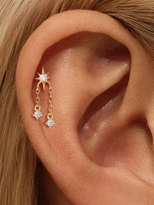 1件925纯银浪漫星月立方氧化锆耳钉，平底耳骨耳廓穿孔，低过敏性纯银材质，适合女性日常佩戴、婚礼、派对和宴会等场合。 - 金色 - 查看 9