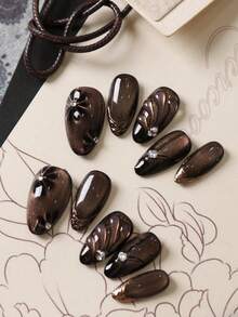 Bộ 10 móng giả màu nâu mắt mèo và hoa đen, bao gồm 1 miếng dán và 1 dũa móng mini, móng giả ngắn phù hợp cho công sở và sử dụng hàng ngày. - Nhiều màu - Xem 3