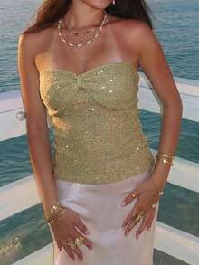 1pc Women's Twist Knot Waist Beaded Camisole Top, Suitable For Daily Wear And Beach Vacation, Spring/Summer - Green - View 4