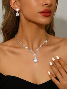 优雅水滴形新娘首饰套装，女士水晶水滴形Y字形套索项链和垂坠耳环，奢华婚礼伴娘派对礼物 - 1716銀色-HB - 查看 2