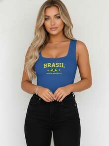 Women's Tank Top Bodysuit With Square Neckline, Brazil, South America, Printed, Chic, Elegant, Basic, Versatile, - 藍色 - 查看 2