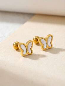 1 Pair Delicate Small Golden Stainless Steel White Shell Butterfly Decor Earrings, Party Decoration Earrings - Gold - View 4