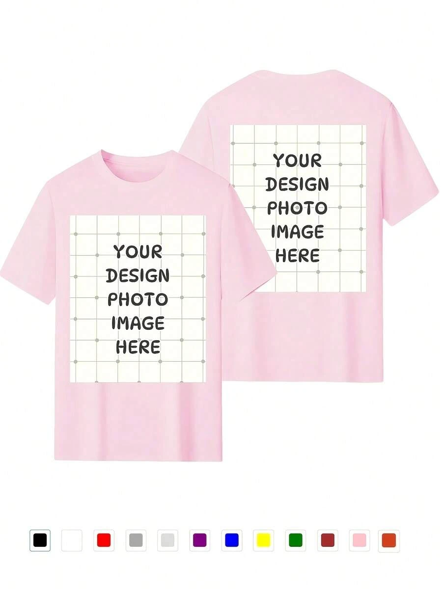 Oversized Custom T- Shirt 12 Colors Personalized Double Sided Print Plus Size Tee Pure Cotton Tshirt- Add Your Image Photo Design- Men Women Adult Unisex Size- Solid Crew Neck Short Sleeve Tee Soft Comfortable Casual Workout Sportswear, PLUS - Pink - View 1