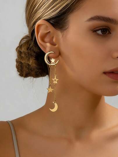 1 par de pendientes con borlas, estrella y luna, pendientes de media luna de metal y pentágono para mujeres, adecuados para festivales, uso diario y vacaciones