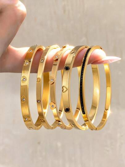 5/1pc Golden Jewelry Set, Luxurious And Delicate Stainless Steel Bangle, Perfect For Sweet Dating, Festive Party Gatherings, Daily Suburban Commutes, And A Lovely Valentine's Day Gift, Featuring A Streamlined Design That Offers Comfortable Wear And Subtle Shine, With Elegant Mixed Decorative Motifs Like Heart Details And Textured Accents That Effortlessly Complement Your Unique Personal Style And Add A Touch Of Elegance To Every Look