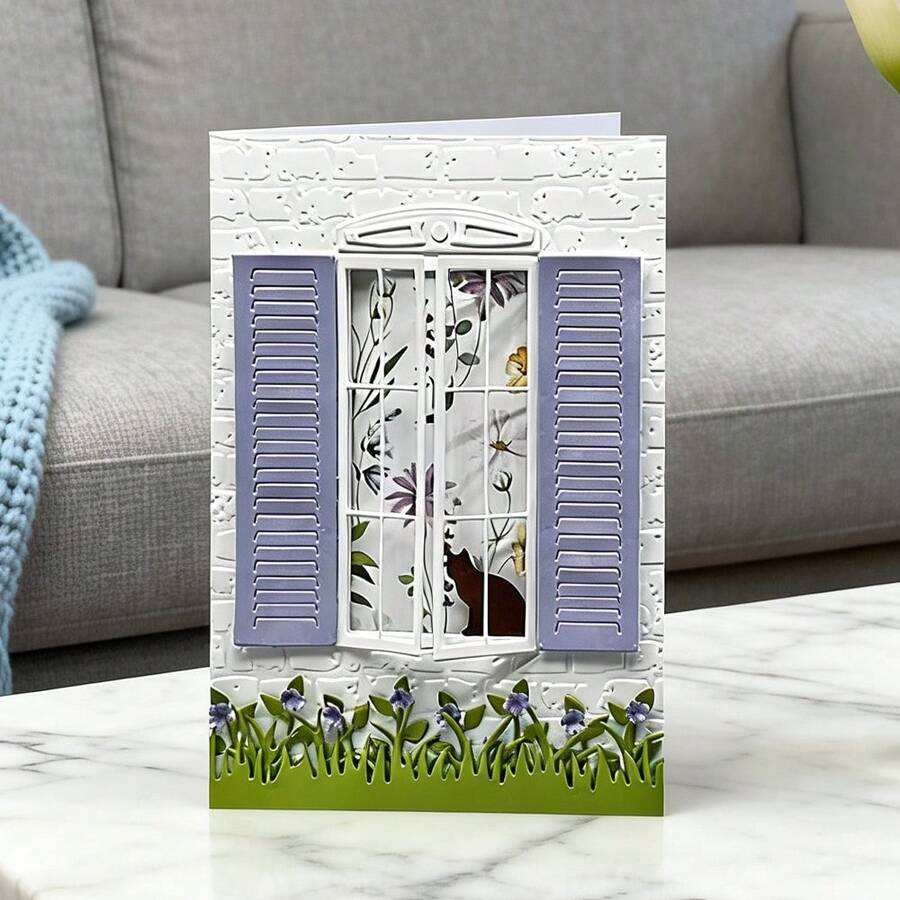 创意猫咪、草坪和窗框模具，DIY剪贴簿相册和压花模板，贺卡制作工具，卡片纸切割工艺品，礼品卡制作模板模切。 - 銀色 - 查看 1