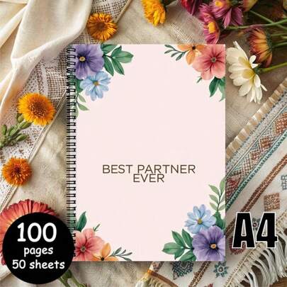 دفتر ملاحظات بحجم A4 مزين بطبعة زهرية حلزونية مع غلاف مطبوع عليه "أفضل شريك على الإطلاق"، طازج وحميمي، مناسب لتسجيل الإلهام اليومي والأعمال والتفاصيل الحياتية، يضفي دفئًا وجوًا شعريًا على الكتابة، ويساعد على بدء وقت تسجيل منظم ورائع.