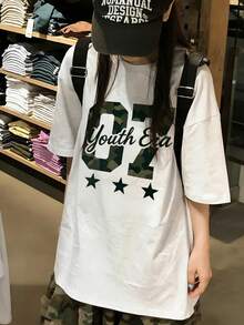 Japanese Women's Spring And Summer Pure Cotton Crew Neck Loose Fit 100 Pieces Simple Print Short Sleeve T-Shirt - White - View 2