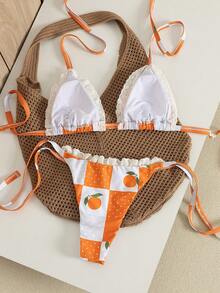 QKJ Bộ bikini nữ họa tiết trái cây cam phối ren, áo bikini tam giác buộc dây bên hông, quần bikini cạp thấp, kiểu dáng gợi cảm, thích hợp cho kỳ nghỉ hè đi biển. - trái cam - Xem 4