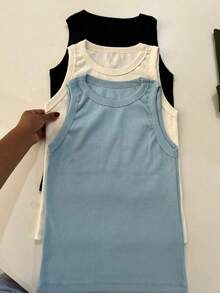 Women's Plain Basic Ribbed Cotton Tank Top, American Style, Summer Blogger Style, Cotton - Màu xanh nhạt trơn - Xem 4