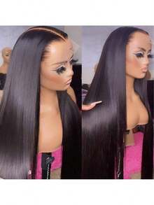 13x4 卷直发巴西 Remy 真发预拔毛卷直全蕾丝前假发，13x4 高清蕾丝闭合直发混纺纤维合成假发，女士款，32 英寸耐热 - 自然色&黑色系 - 查看 25