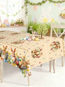1 szt. obrus wielkanocny, obrus z nadrukiem zajączka wielkanocnego i jajka wielkanocnego, akcesoria na przyjęcie wielkanocne, radosne dekoracje wielkanocne, dekoracja stołu wielkanocnego, bieżnik z zajączkiem wielkanocnym, dekoracja stołu na imprezę cateringową, dekoracje w stylu rustykalnym wielkanocnym, dekoracyjny bieżnik wielkanocny do wewnątrz/na zewnątrz, jednorazowy obrus na piknik wielkanocny, dekoracje wiosenno-letnie, prezent wielkanocny, upominki na przyjęcie - Zajączek wielkanocny - Zobacz 3