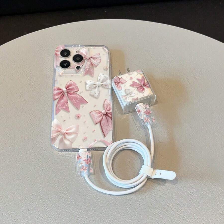 5件套透明可爱蝴蝶结手机壳+充电头保护套+防摔数据线固定带+TPU防震壳 - 無色 - 查看 1