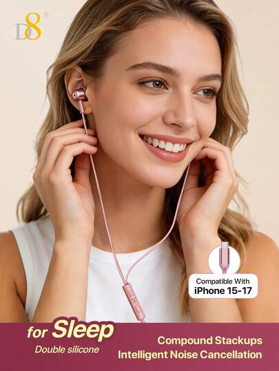 D8 USB C Sleep Headphones With Microphone , Wired Earbuds With Heavy Bass, Type C Earphones With Noise Isolating, Compatible With IPhone17/16/16 Pro/16 Pro Max/15 , Android Phones, 8 7 6A 5 4 Galaxy S23 Ultra, Galaxy S23, Galaxy S22, Galaxy S21, Note 10 S23 S22 S21 S20 And A53 A54 A33 A34,Fits Most Type C Devices Holiday Gift Valentine's Day Gift Christmas Gifts