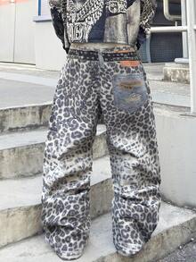 1pc American Street Fashion Men's Tiger Print Digital Denim Jeans, Loose Comfortable Wide Leg Pants, Versatile Casual Jeans For All Seasons (Belt And Accessories Not Included) - White - View 7