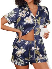 ¡Recomendado¡Conjunto de Pijama de Seda Satinada para Mujer , Suave, de Manga Corta, con Botones, Top y Pantalones Cortos, Conjunto de 2 Piezas para Dormir y Relajarse, Tallas S-XXL¡Top de Temporada! - Azul marino floral blanco - Ver 7