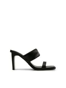Women Chunky High Heel Mule Sandals Braided Open Toe Two Strap Slip On Heels For Casual Party Summer Spring Wearing - 黑色 - 查看 2