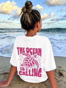 1pc Tween Girl Sea Turtle Print Pullover White Short Sleeve T-Shirt, Designed For Girls Preparing To Play On The Beach - White - View 3